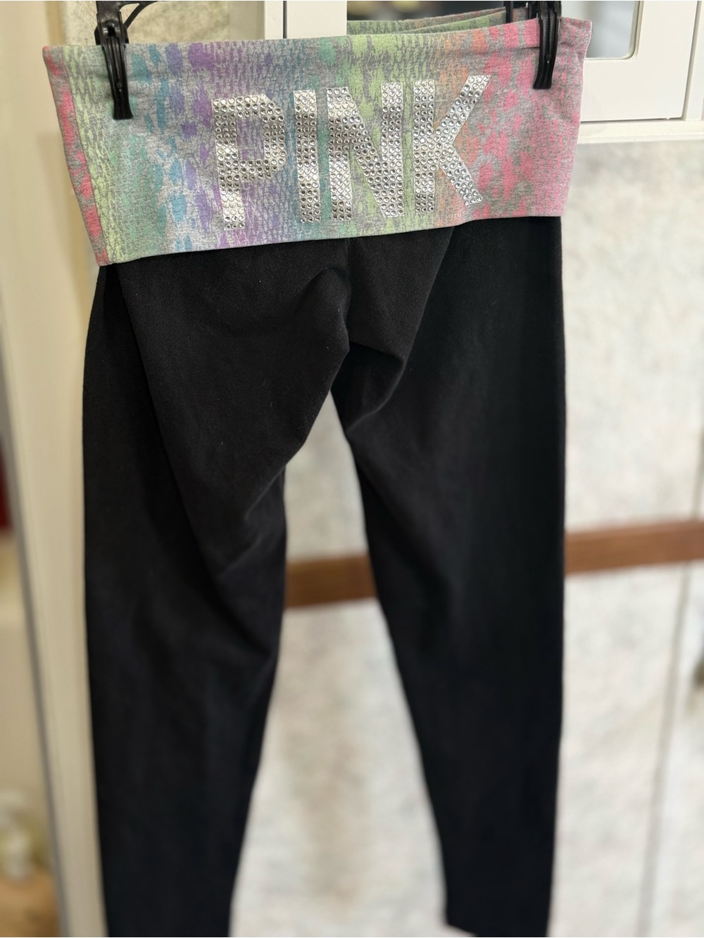 PINK Victoria's Secret Black Leggings with Multicolor Pastel Fold-Over Waistband